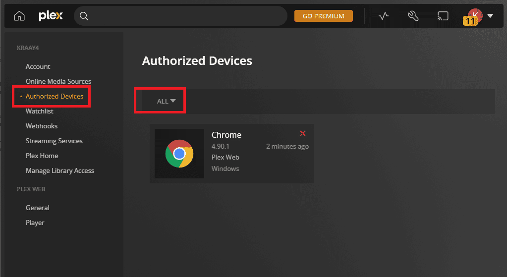Select Authorized Devices and click on ALL | Plex an error occurred while attempting to play video