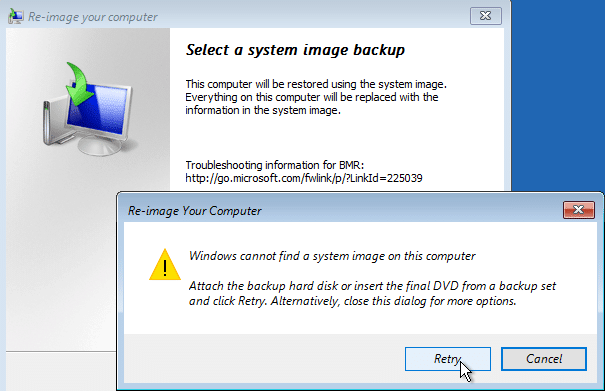 выберите «Отмена», если появится всплывающее окно с сообщением, что Windows не может найти образ системы на этом компьютере.