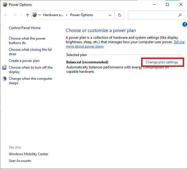  select Change plan settings option. Fix Windows Update Download 0x800f0984 2H1 Error
