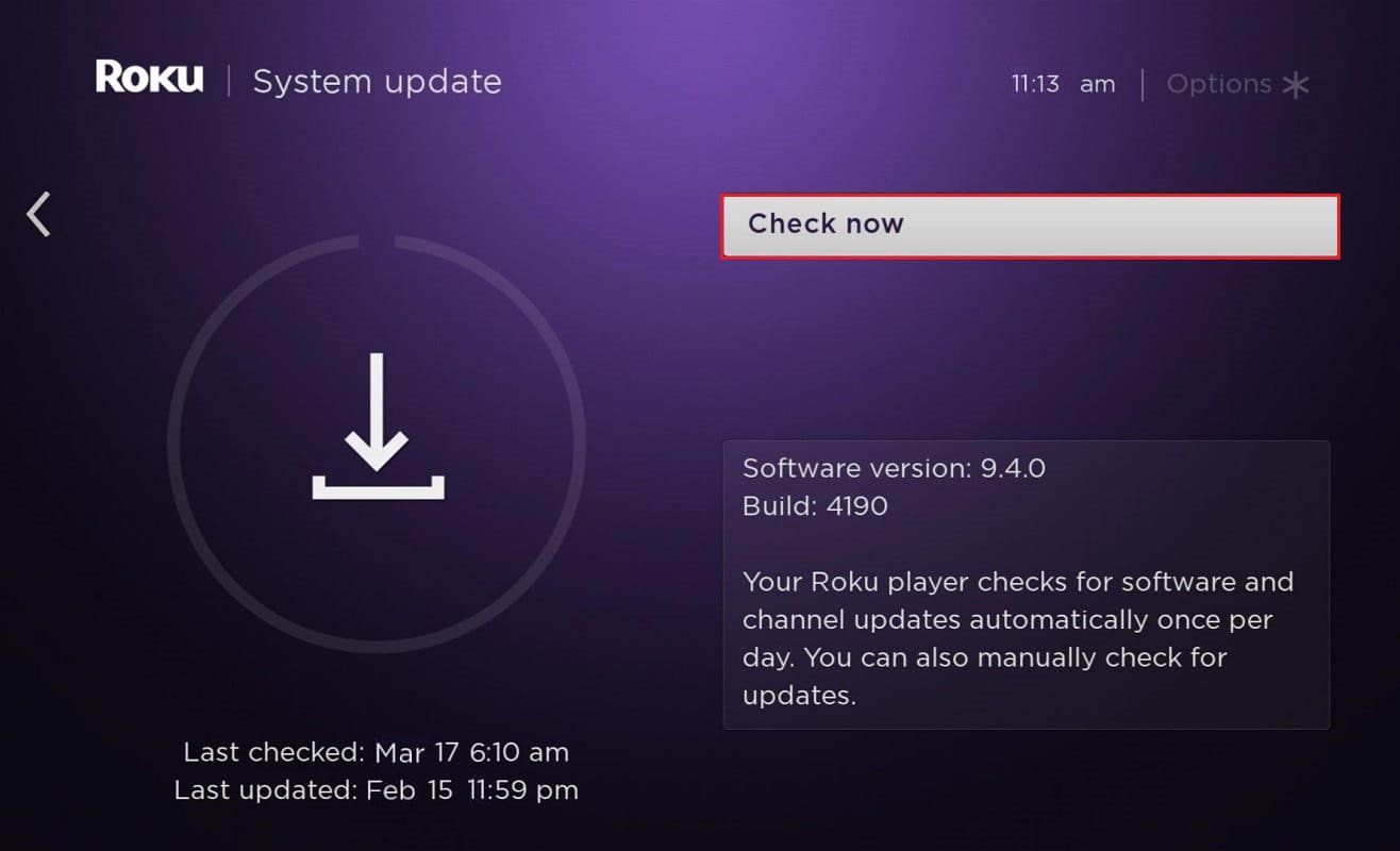 select check now option in roku system update
