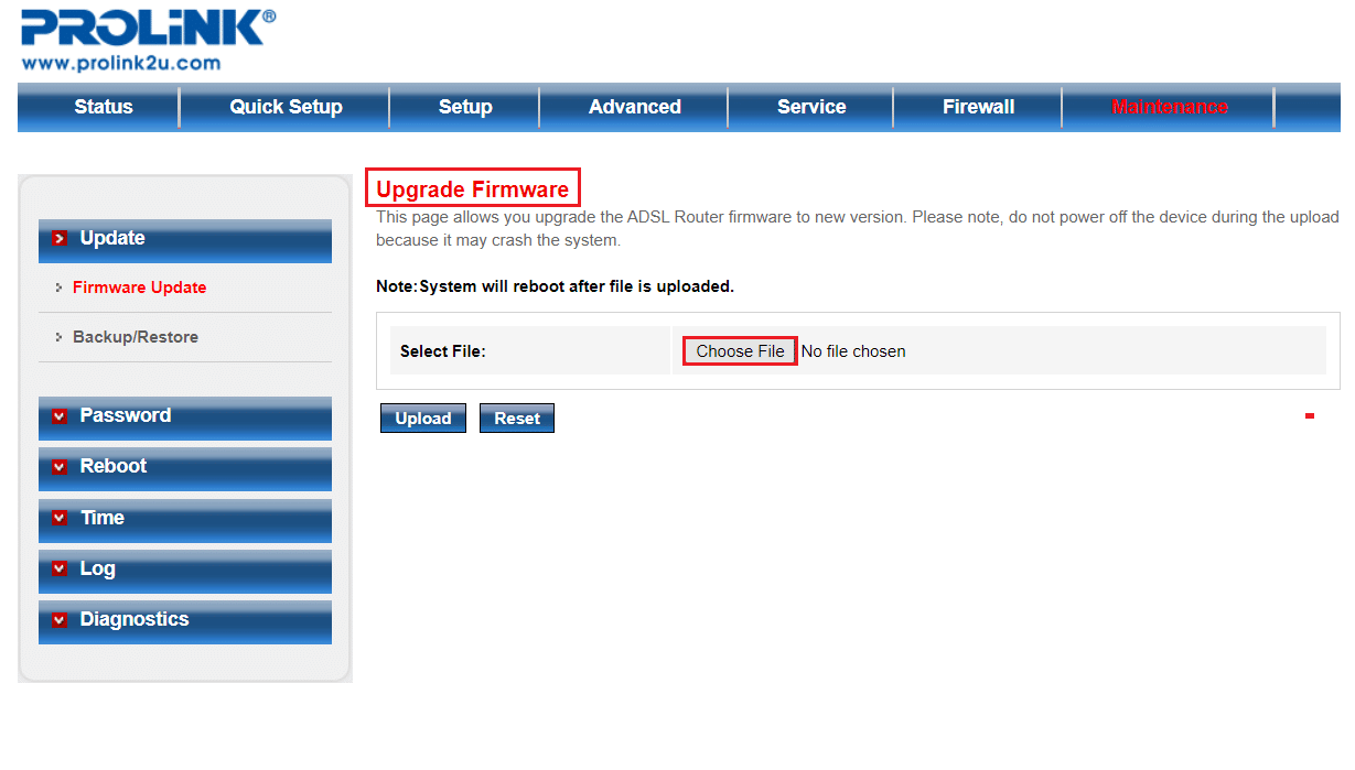 select choose file button in Upgrade Firmware menu Prolink adsl router settings