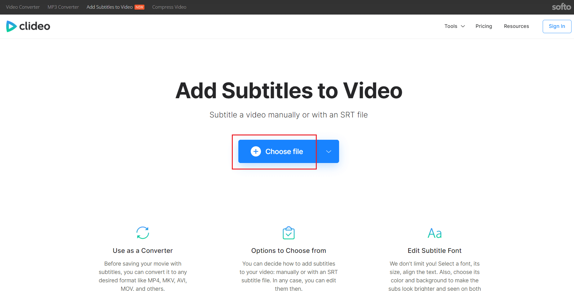 select choose file button in clideo web tool. How to Add Subtitles to a Movie Permanently