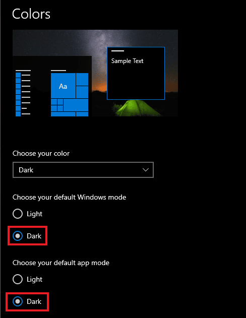 Select Dark for Windows and apps