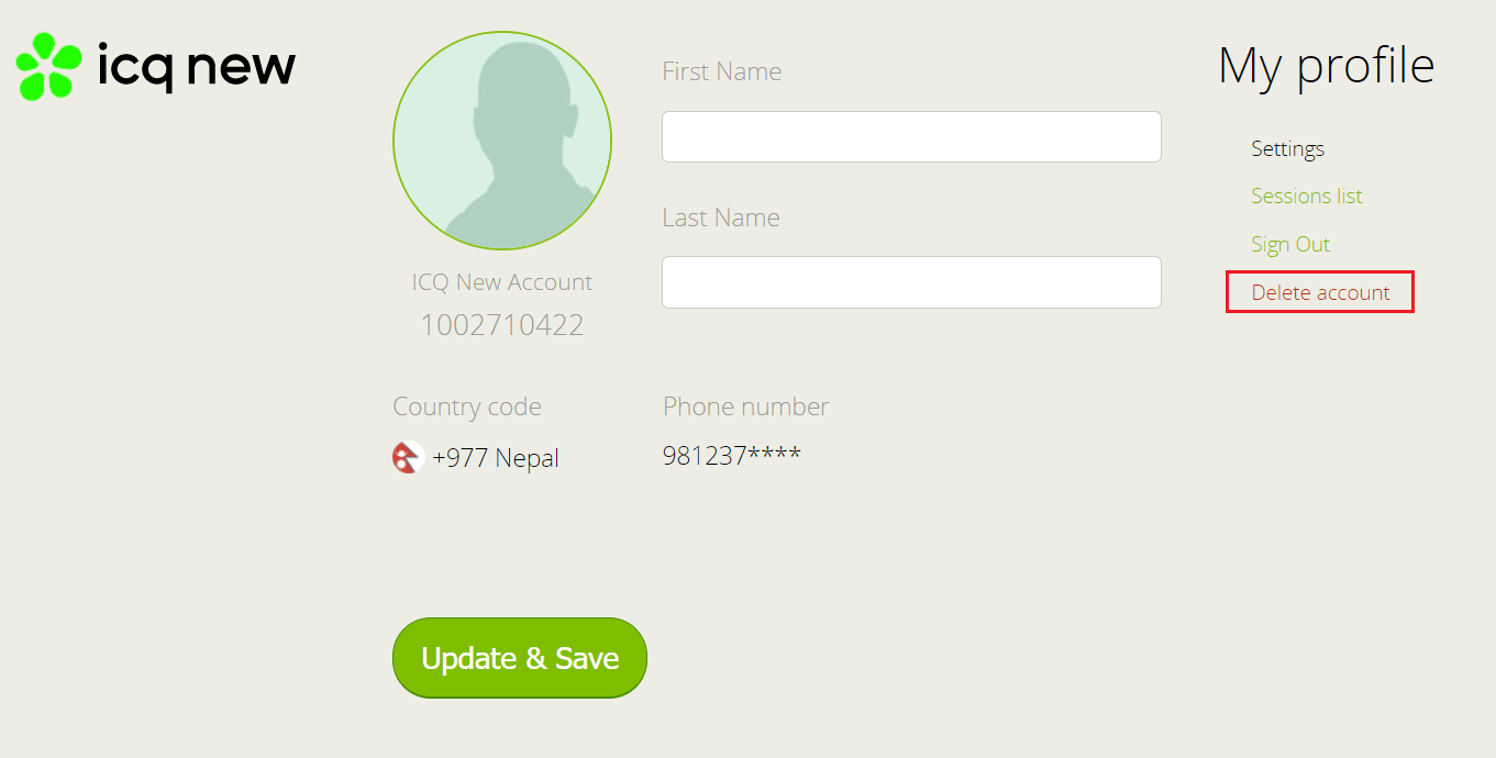 select delete account in ICQ account closure page