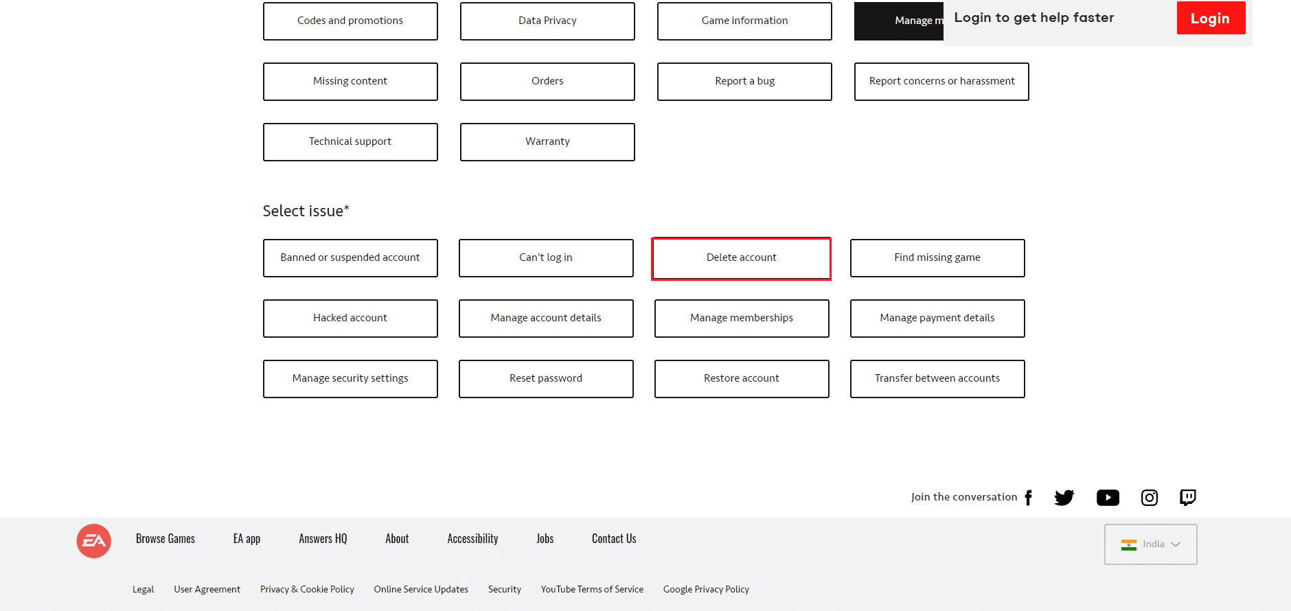select delete account option. How to Manage EA Account Settings