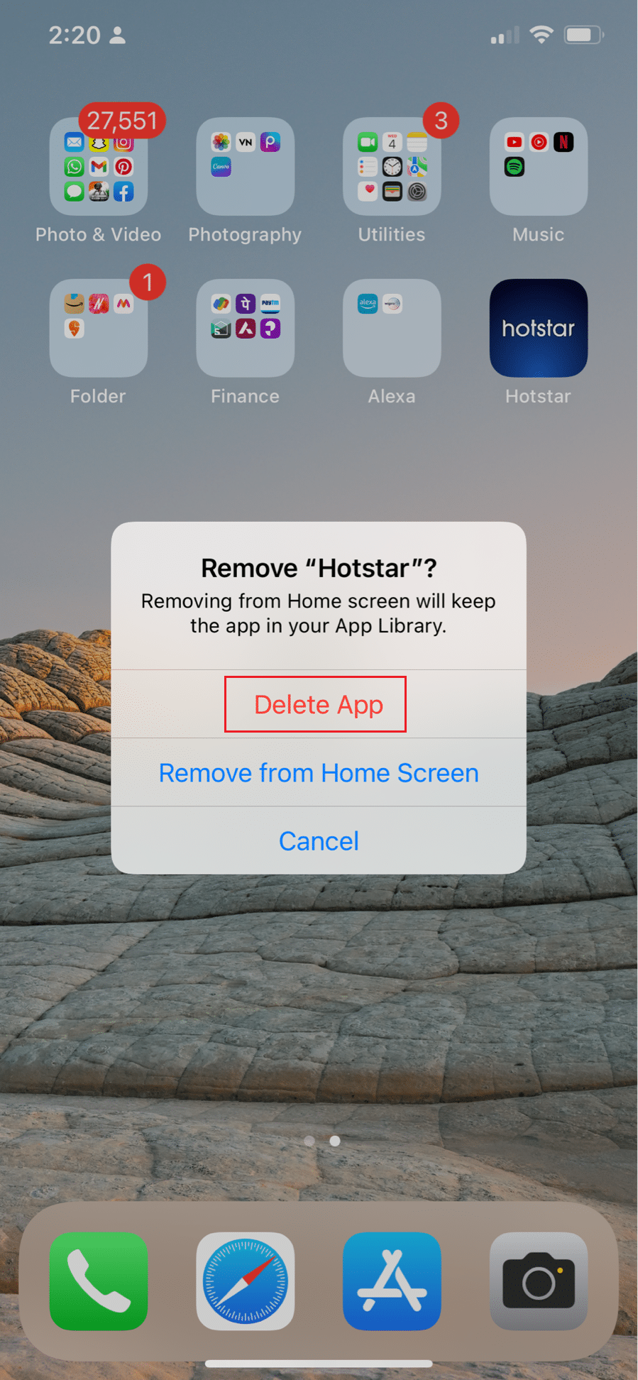 select delete app option to remove hotstar app in Iphone