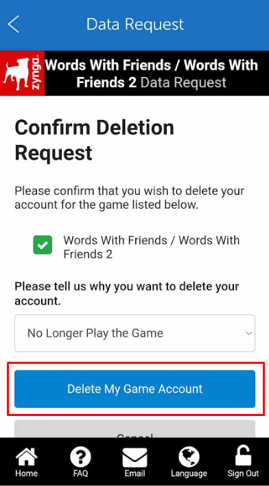 Select Delete My Game Account.