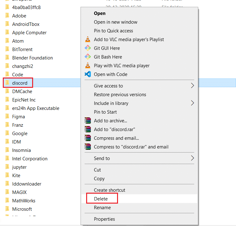 select discord folder and right click and click on delete, appdata, roaming, local