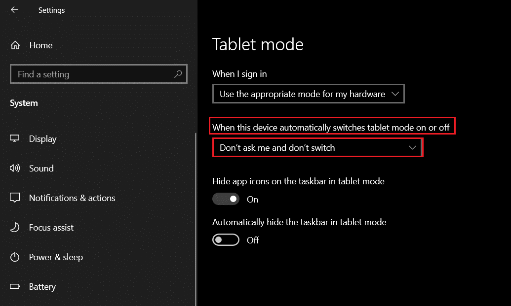 select do not switch tablet mode