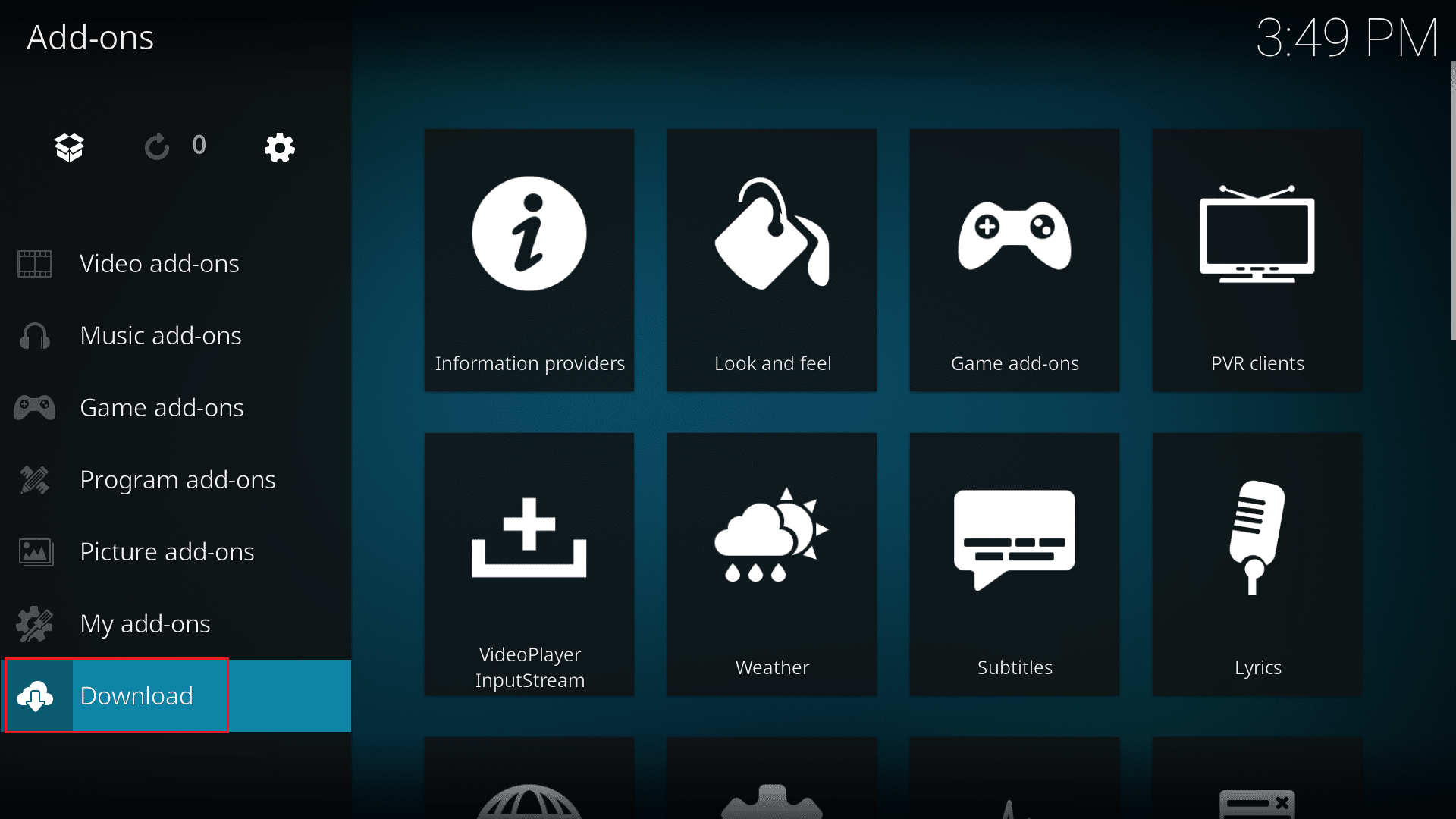 select download option in kodi add ons menu