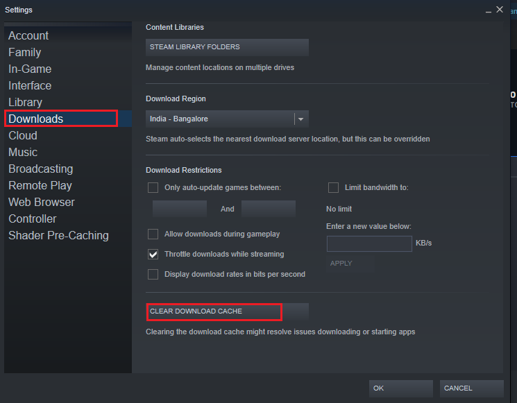 Select Downloads tab on Steam settings and click Clear Download Cache