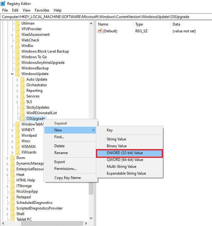 Select DWORD 32 bit Value and name it AllowOSUpgrade. Fix Error Code 0x8009000f 0x90002 in Windows 10