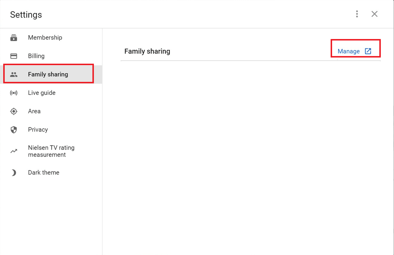 select family sharing and click on Manage in youtube tv