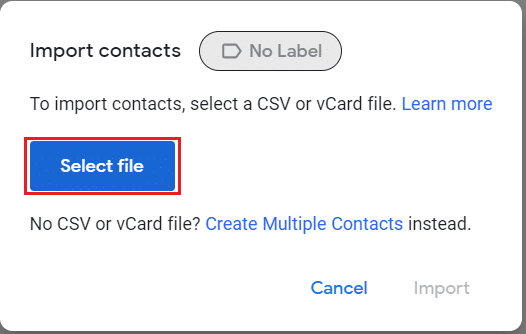 select file to import in Google Contacts