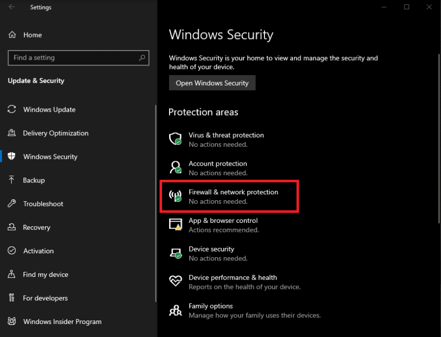 Select Firewall and Network Protection from the Windows Security menu