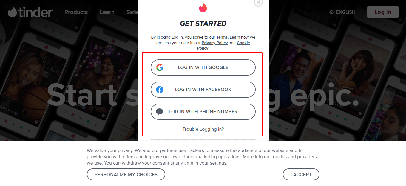 select from the Log In with Apple, Log In with Facebook or Log In with Phone Number options | How to Find Tinder Login Username and Password