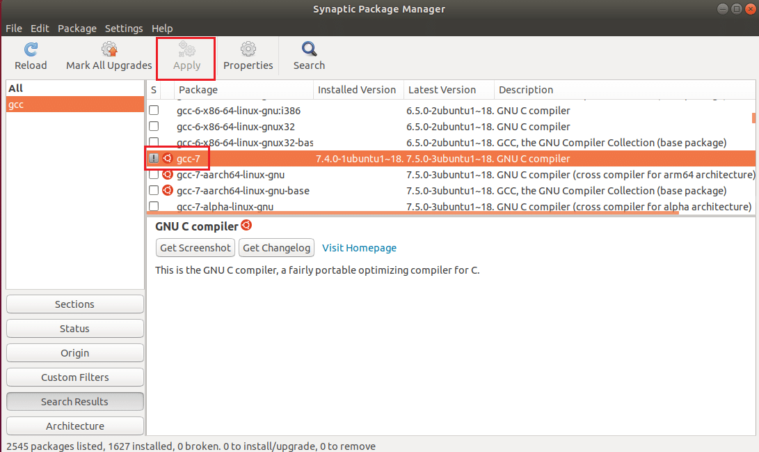 select gcc 7 and click on apply button in synaptic package manager Ubuntu linux