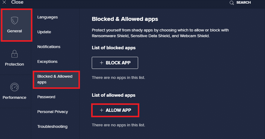 выберите «Общие», затем «Заблокированные и разрешенные приложения» и нажмите кнопку «Разрешить приложения» в настройках Avast Free Antivirus.