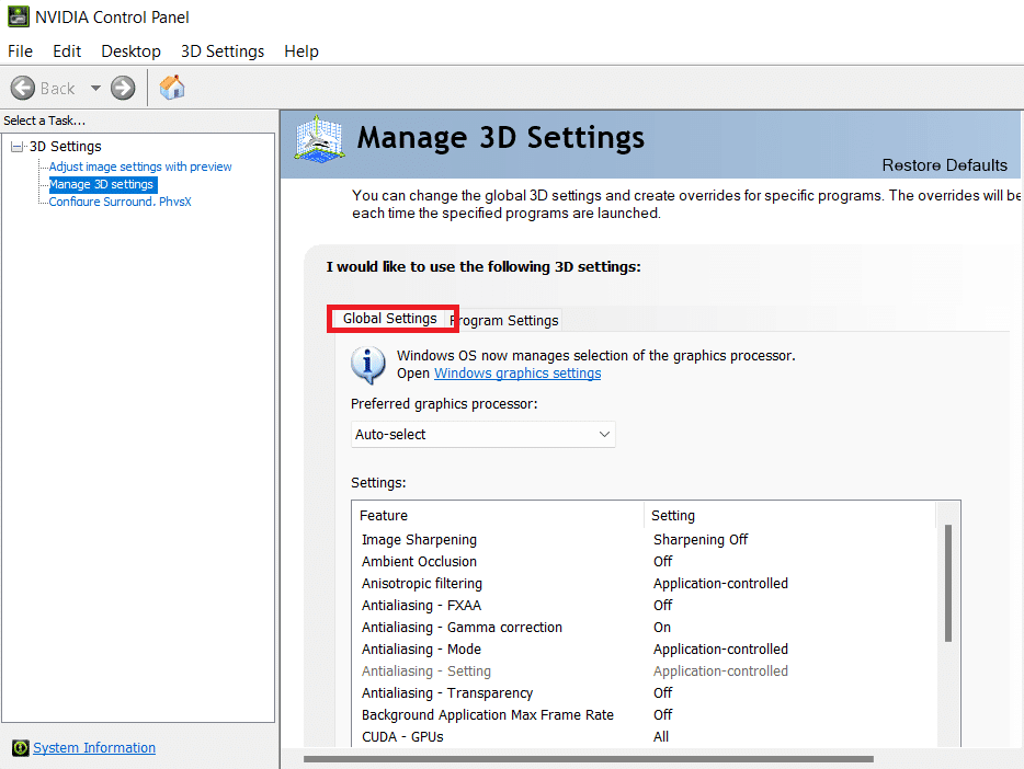 select global settings in manage 3d settings NVIDIA control panel