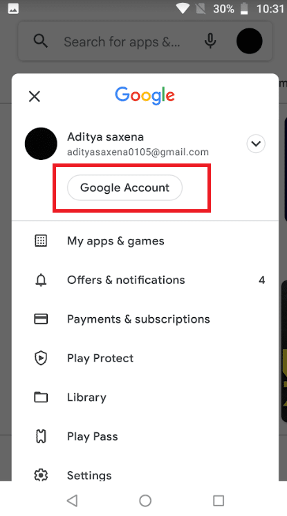 select Google Account from the menu panel that appears