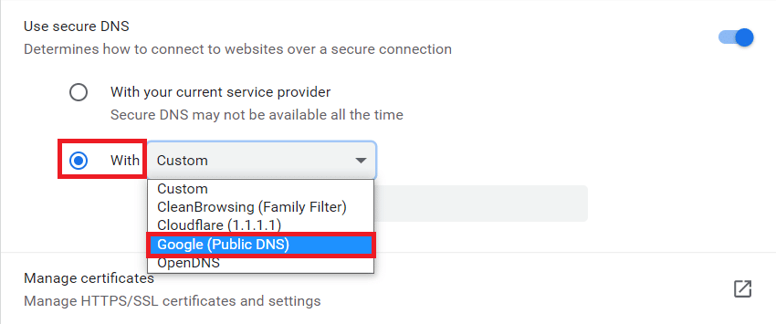 Select Google (Public DNS) from the drop-down menu