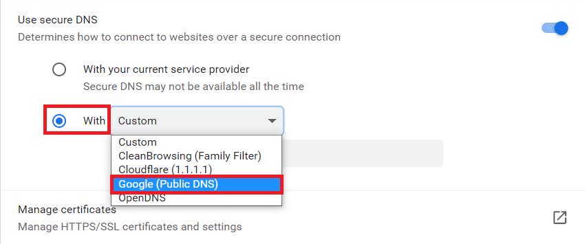 Seleccione Google (DNS público) en el menú desplegable