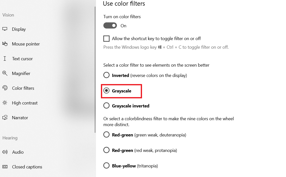 Select Grayscale under Select a color filter to see elements on the screen better category. 