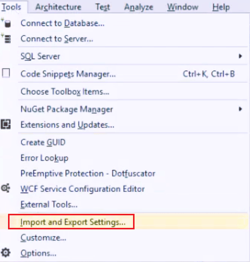 select import and export settings in Microsoft visual studio