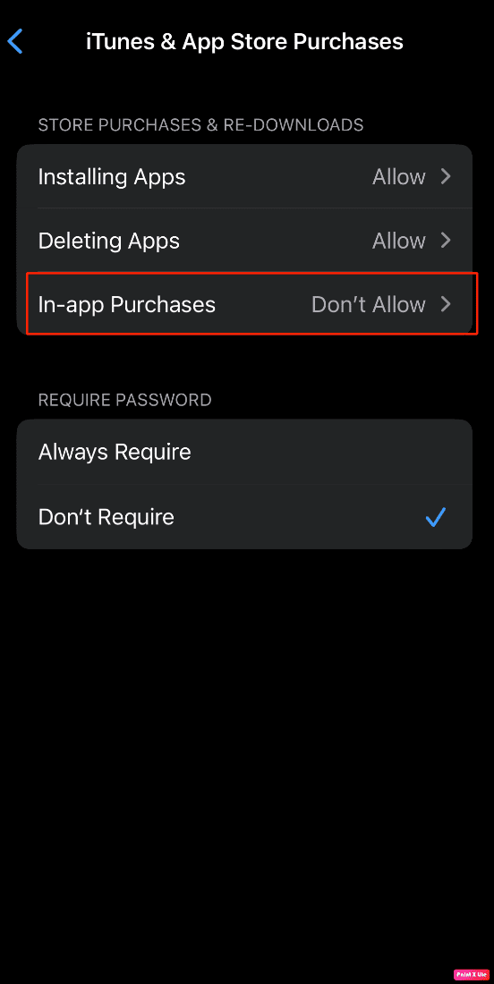 select in app purchases option
