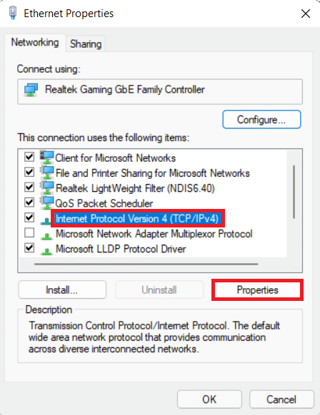 select internet protocol version in ethernet properties window