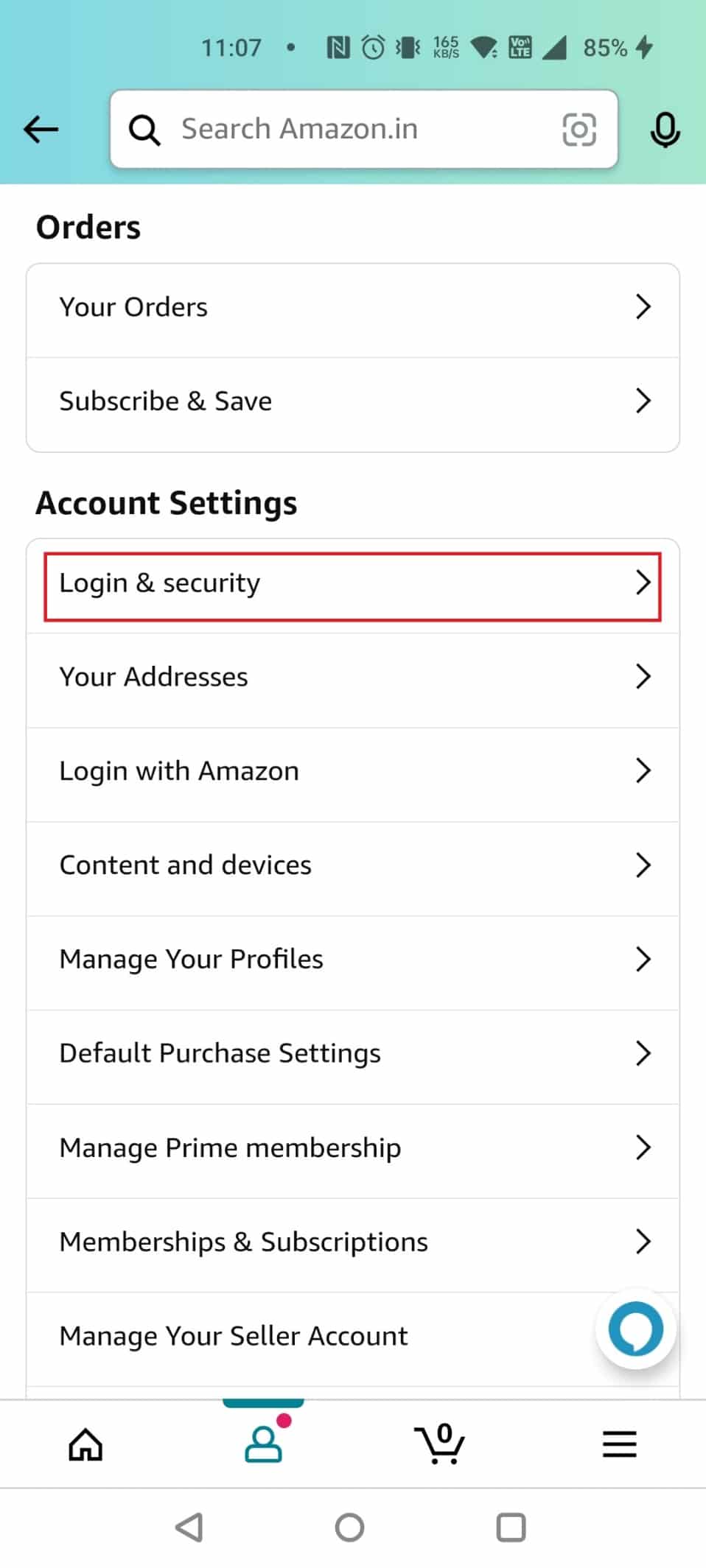Select Login and security | How to Delete Your Amazon Account