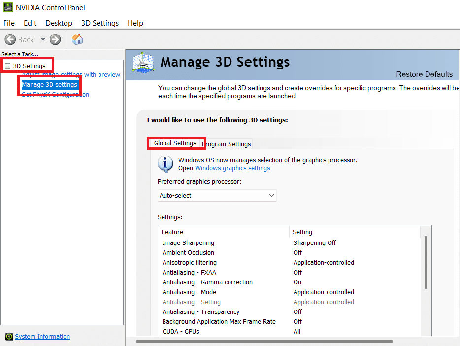 select manage 3d settings