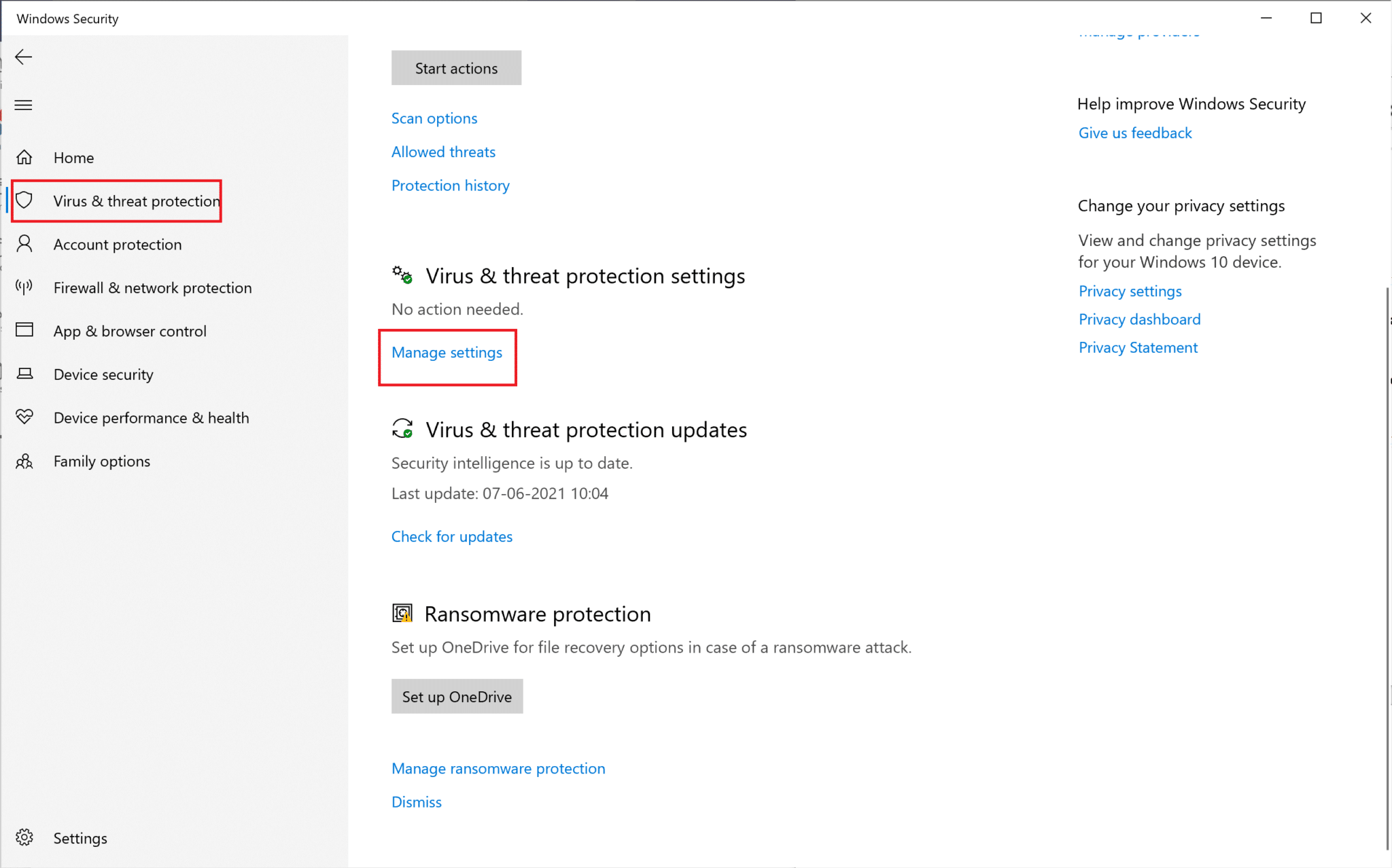 Выберите «Управление настройками», отображаемое в разделе «Настройки защиты от вирусов и угроз» | Исправить папку продолжает возвращаться в режим «только для чтения» в Windows 10