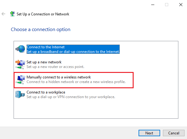 Select Manually connect to a wireless network and click Next. Fix Computer Stuck on Lets Connect You to a Network