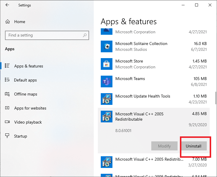 Wybierz Microsoft Visual C plus plus i kliknij Odinstaluj