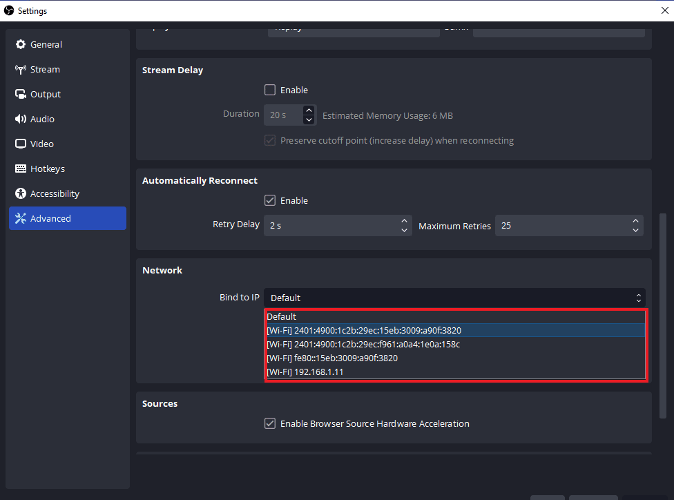 Select network connection name with the IP address. Fix OBS Error Failed to Connect to Server