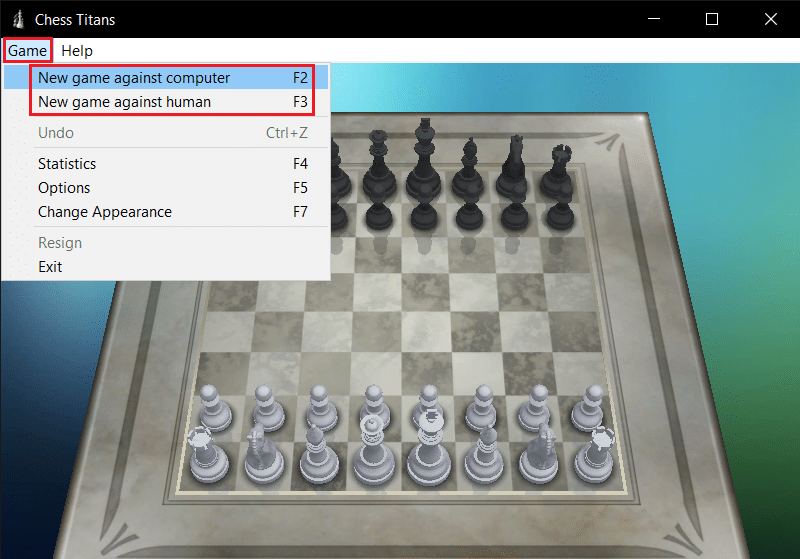 select new game against computer or human in the game drop down menu Chess Titans