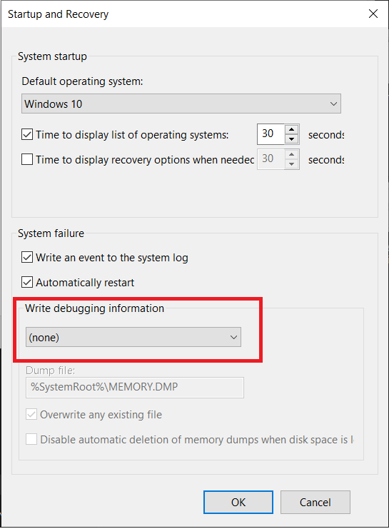 select none from write debugging information | Where is the BSOD log file location in Windows 10?