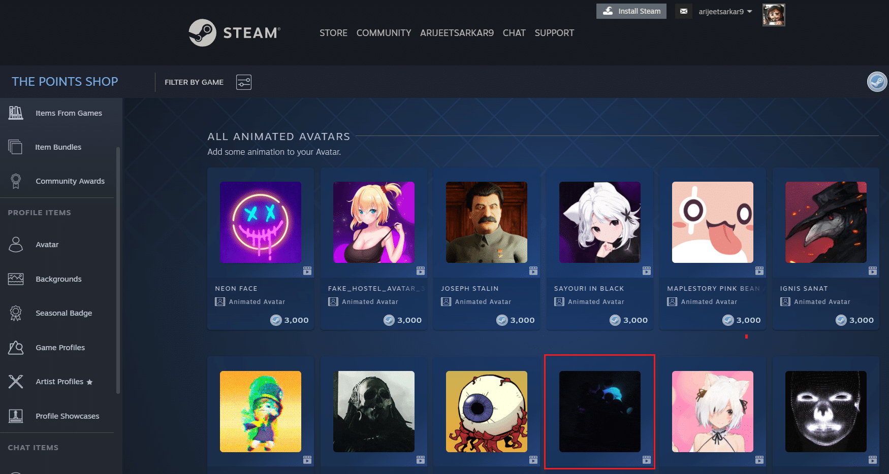 select one animated avatar from the list in Steam Avatar Points Shop page on browser
