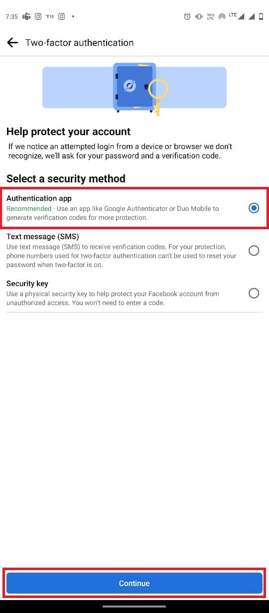 Select one of the security methods and tap Continue