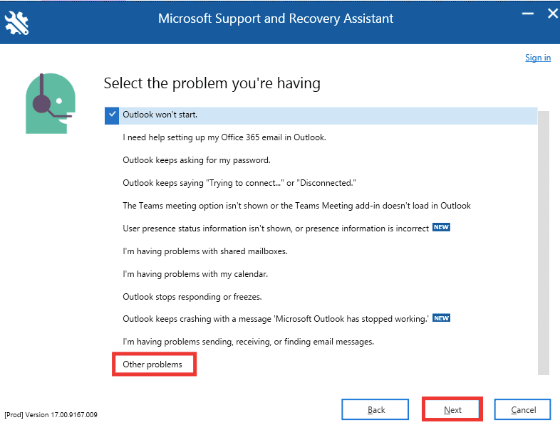 select Other Problems option and click on Next.
