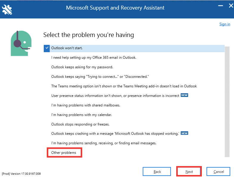 sélectionnez l’option Autres problèmes et cliquez sur Suivant.