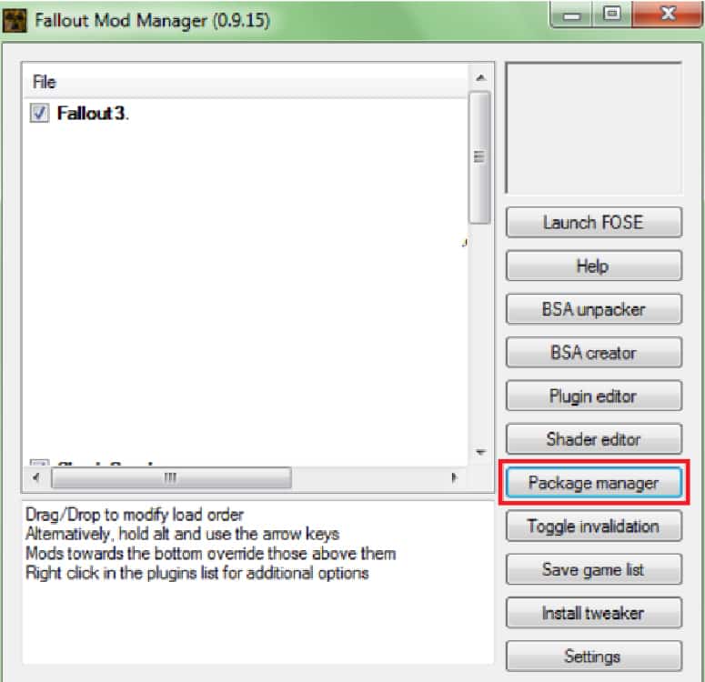select package manager in fallout mod manager