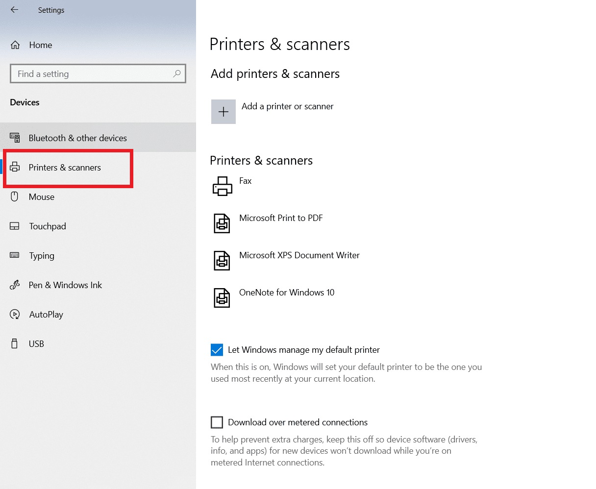 selecione Impressoras e scanners. Corrigir driver de classe IPP da Microsoft não oferece cor, apenas escala de cinza