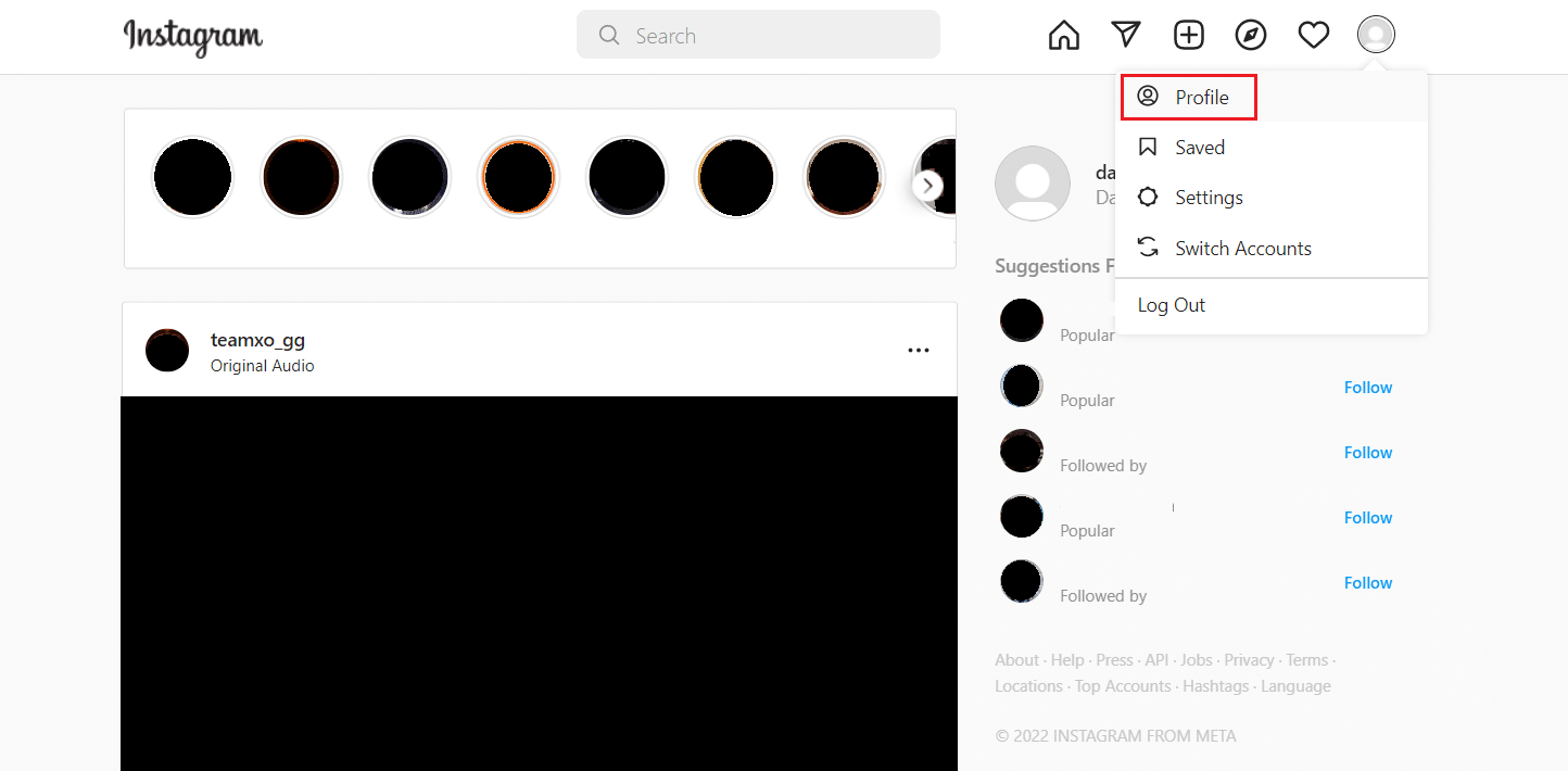 select profile option in Instagram desktop homepage