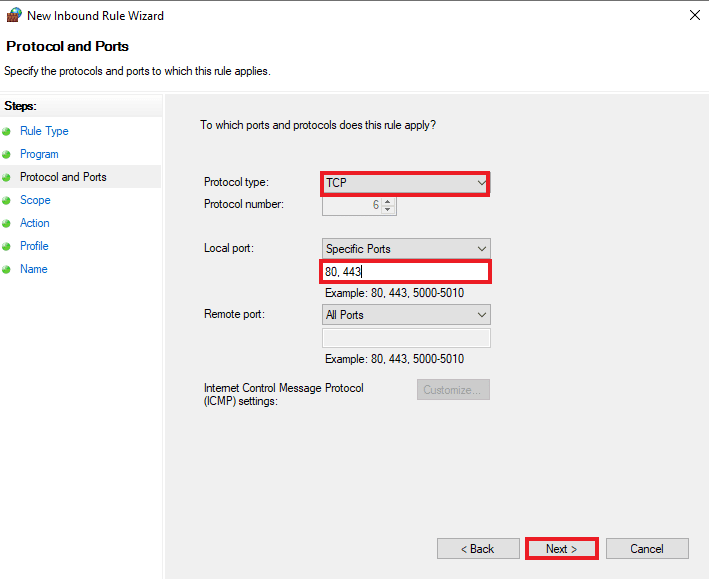 Select Protocol type, Local port, and click on Next | How to Add Windows Firewall Rule