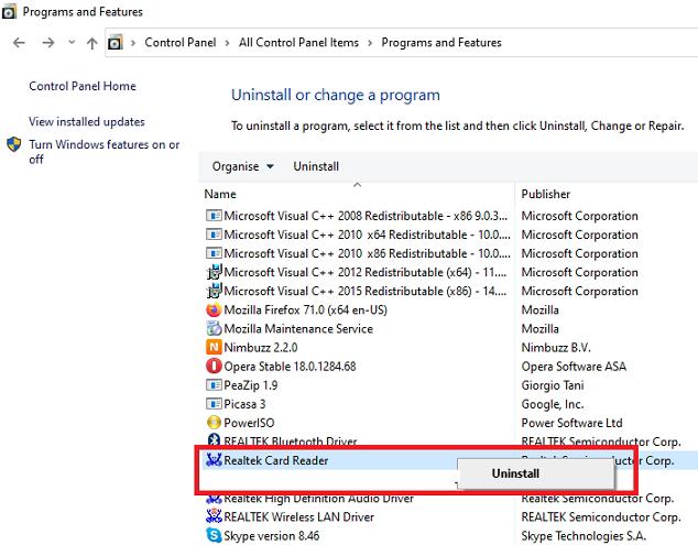 Select Realtek Card Reader in control Panel and right click to uninstall