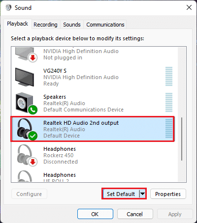 select realtek hd audio device and click on Set default button in Sound playback tab Windows 11