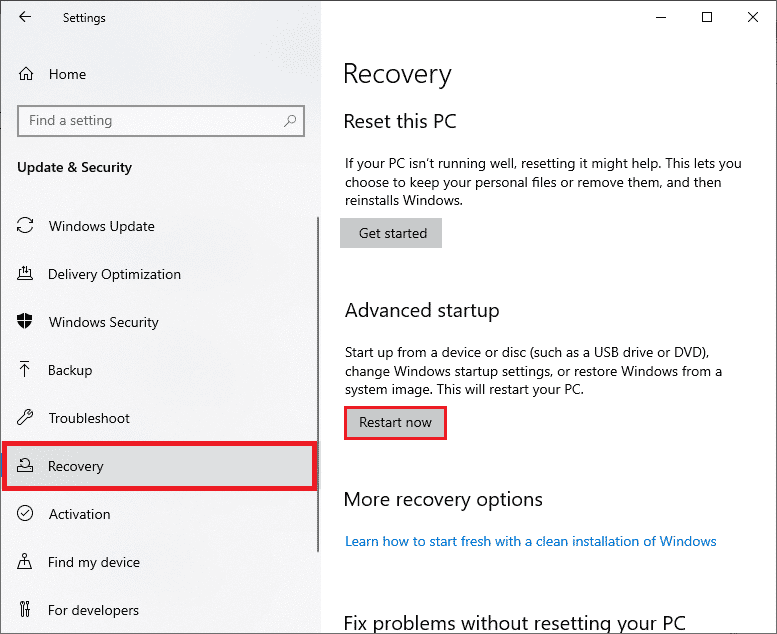 select recovery and click on restart now option in advanced startup. Fix Thermal Trip Error in Windows 10