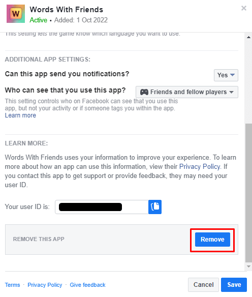 select Remove. | How to Delete Words With Friends Account